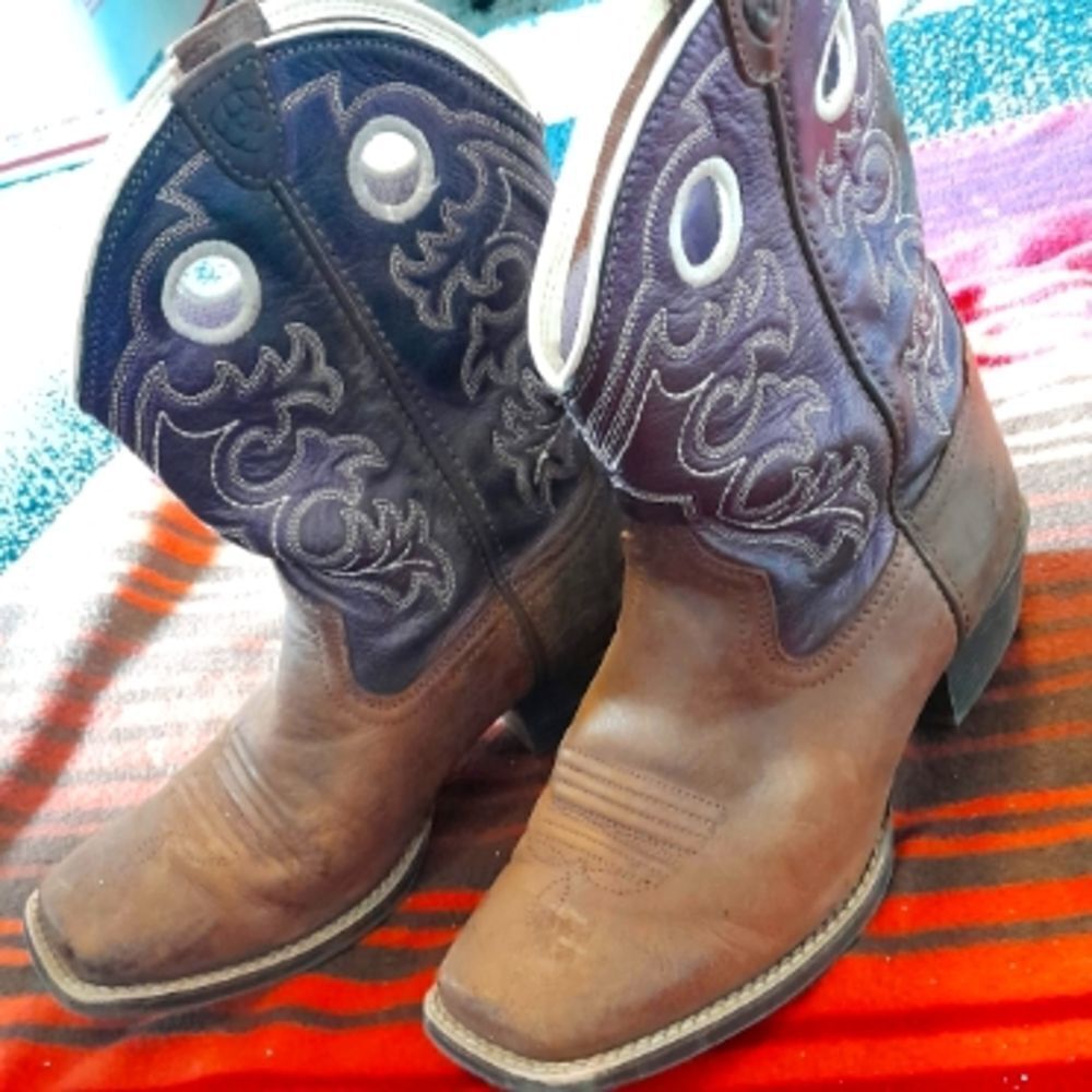 🤠Ariat Purple and Brown Leather Square Toe Cowboy Boots Size 4.5